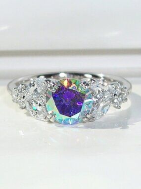 925 STERLING SILVER Aurora Borealis Round Cut CZ Ring